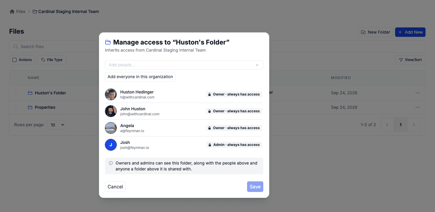 Manage access dialog for a folder showing the Who can access toggle, Add people field, Add everyone in this organization button, a list of people with Can view, Can edit, and Can manage levels, and an explanatory note