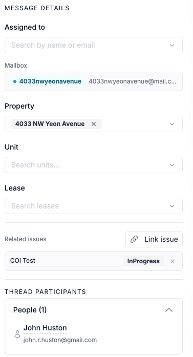 Thread sidebar showing Message Details with Assigned to, Mailbox, Property, Unit, Lease, and a Related issues section with a Link issue button and a linked COI Test issue