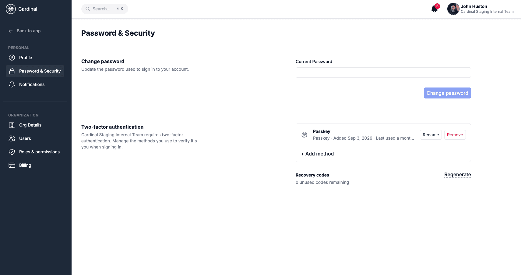 Two-factor authentication section listing a passkey and an authenticator app, each with when it was added and last used and Rename or Remove buttons, an Add method link, and Recovery codes with a Regenerate link