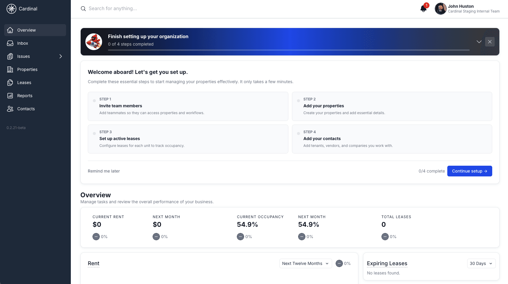 New organization quick start checklist with four setup steps